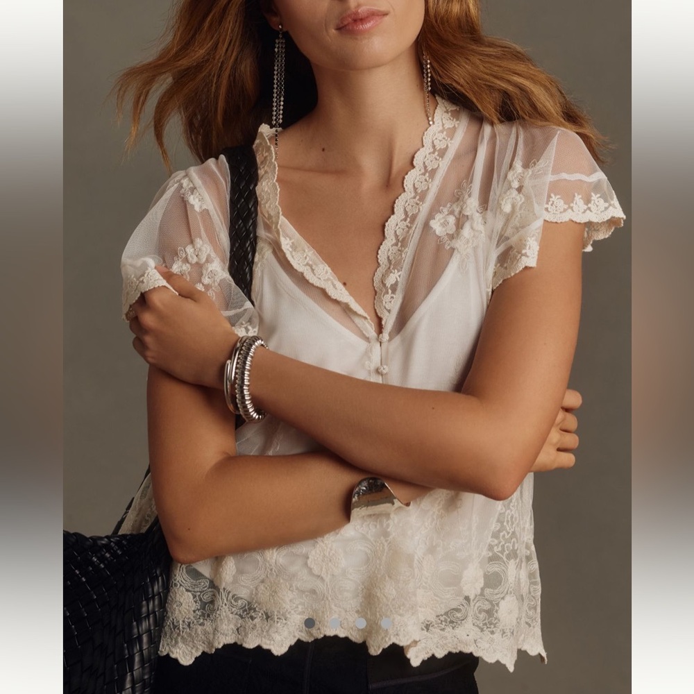 NWT By Anthropologie Embroidered Flutter Sleeve Top small ivory